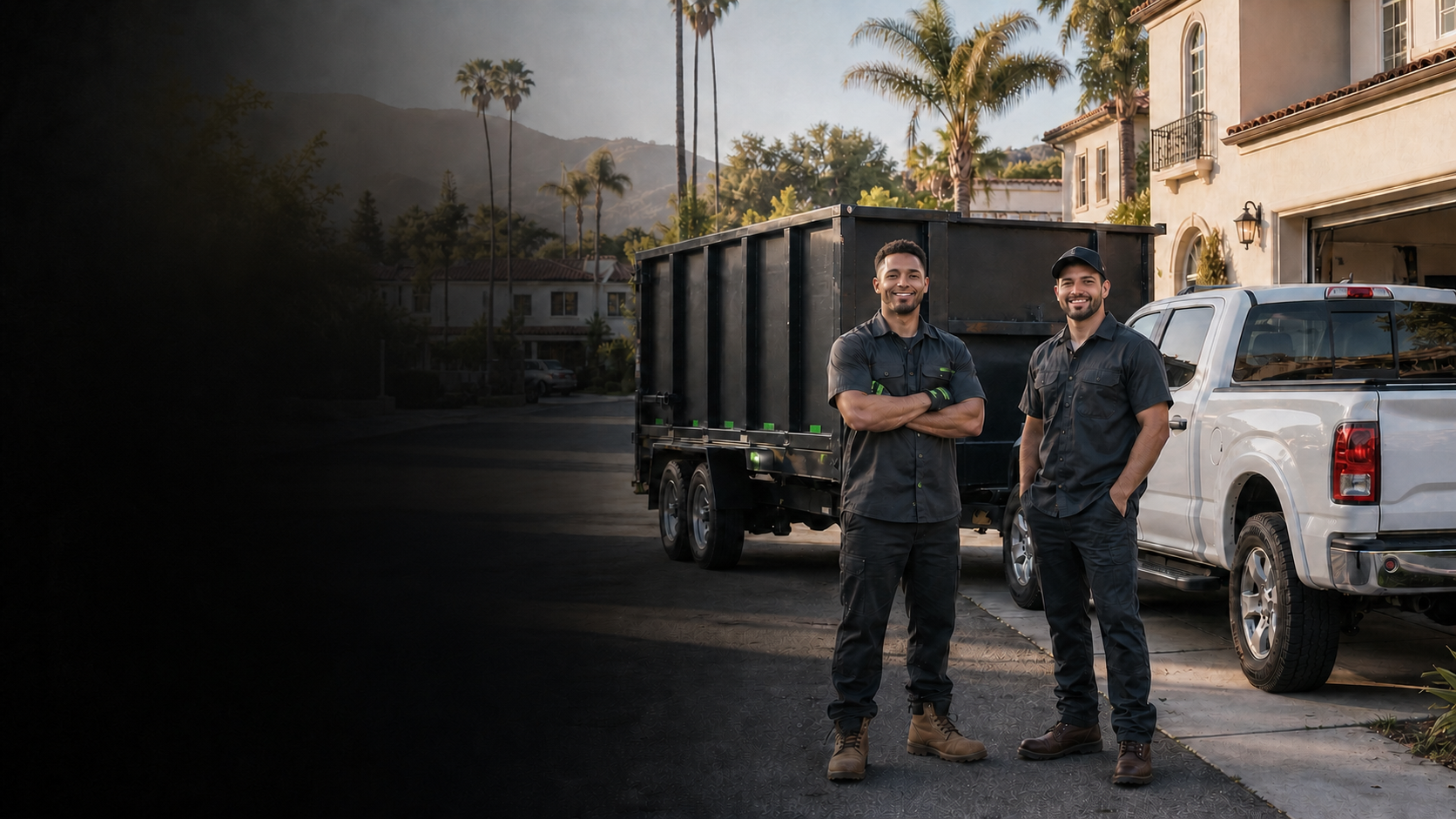 Illustrative Trash B Gone hauling crew with a roll-off dumpster in a Southern California neighborhood